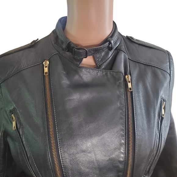 Vintage 90s Wilsons Leather Size 6 (10 )Black Cropped Moto Biker Jacket Zips - Picture 2 of 14